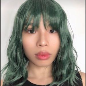 Curly Wig Wavy Bob Wigs With Air Bangs, Shoulder Length Synthetic Green 14"